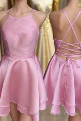 Candy Pink Spaghetti Straps Sleeveless Stain Short Semi Formal Prom Dresses, Homecoming Dresses